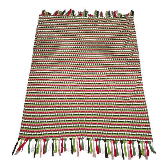 Handmade Crochet Christmas Throw Blanket Lined Fringe Red Green & White Stripes - Picture 1 of 4